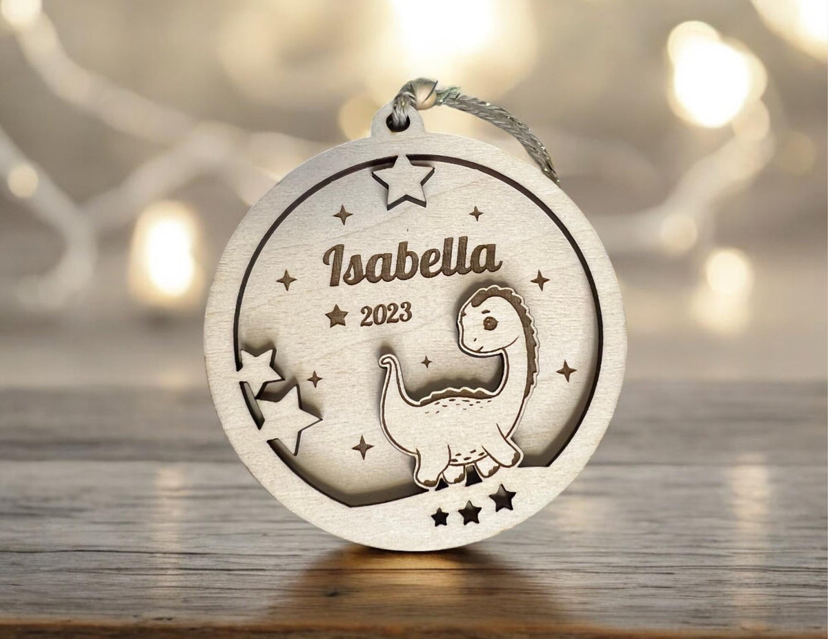 Boule de Noël dinosaure personnalisée bois, Ornement personnalisé dinosaure, Boule de noël personnalisée enfant, 1er noël garçon