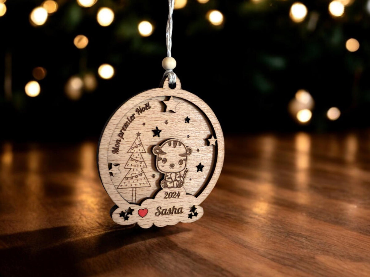 Boule de Noël tigre Personnalisée, Premier noël, Mon 1er Noël, Ornement en bois Personnalisé