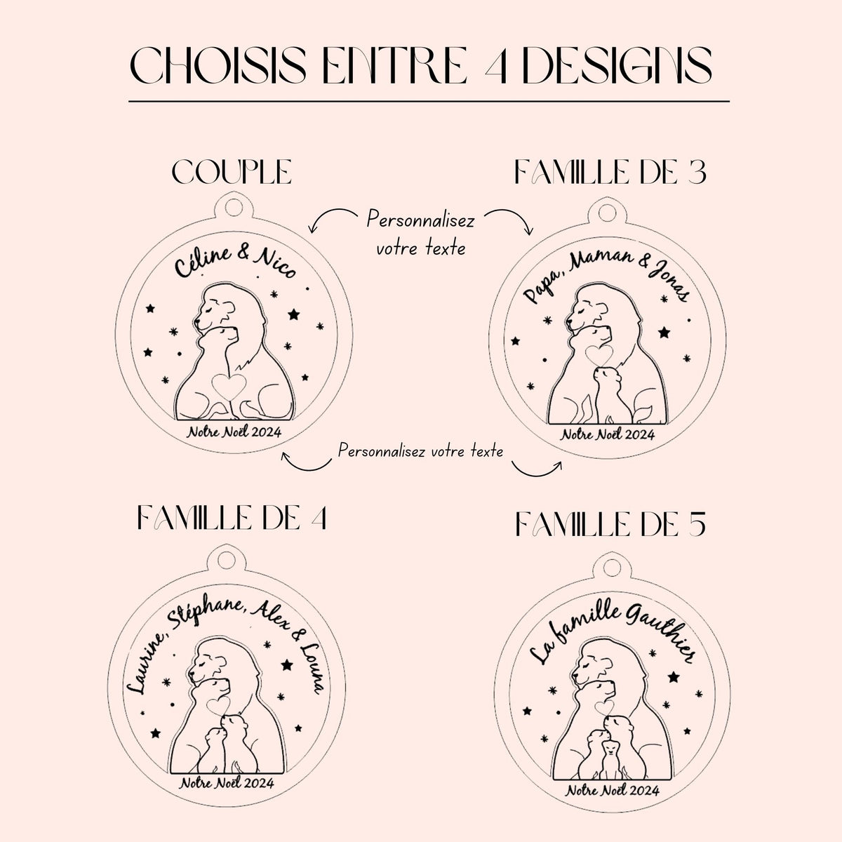 Boule de Noël famille Personnalisée, Ornement personnalisé famille, Boule de noël personnalisée famille lion, Décoration de Noël 2024