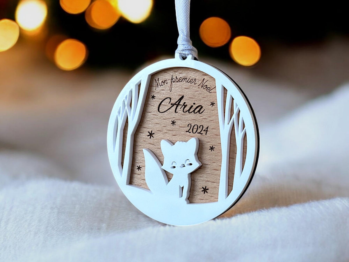 Boule de Noël personalisée bois - Renard - Mon premier Noël - Ornement blanc bois - Cadeau naissance - Cadeau nouvelles mamans
