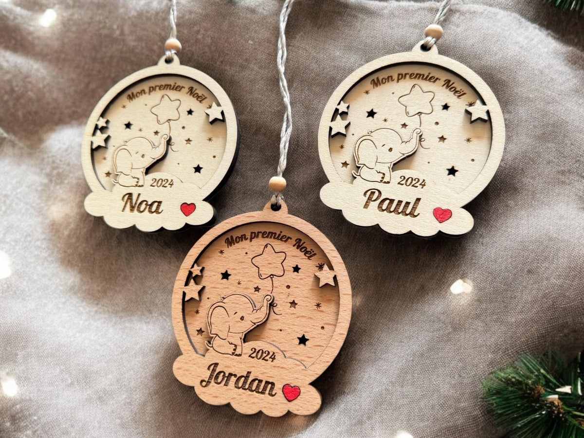 Boule de Noël bébé elephant Personnalisée, Premier noël, Ornement personnalisé bébé, Boule de noël personnalisée enfants, 1er noël ornement