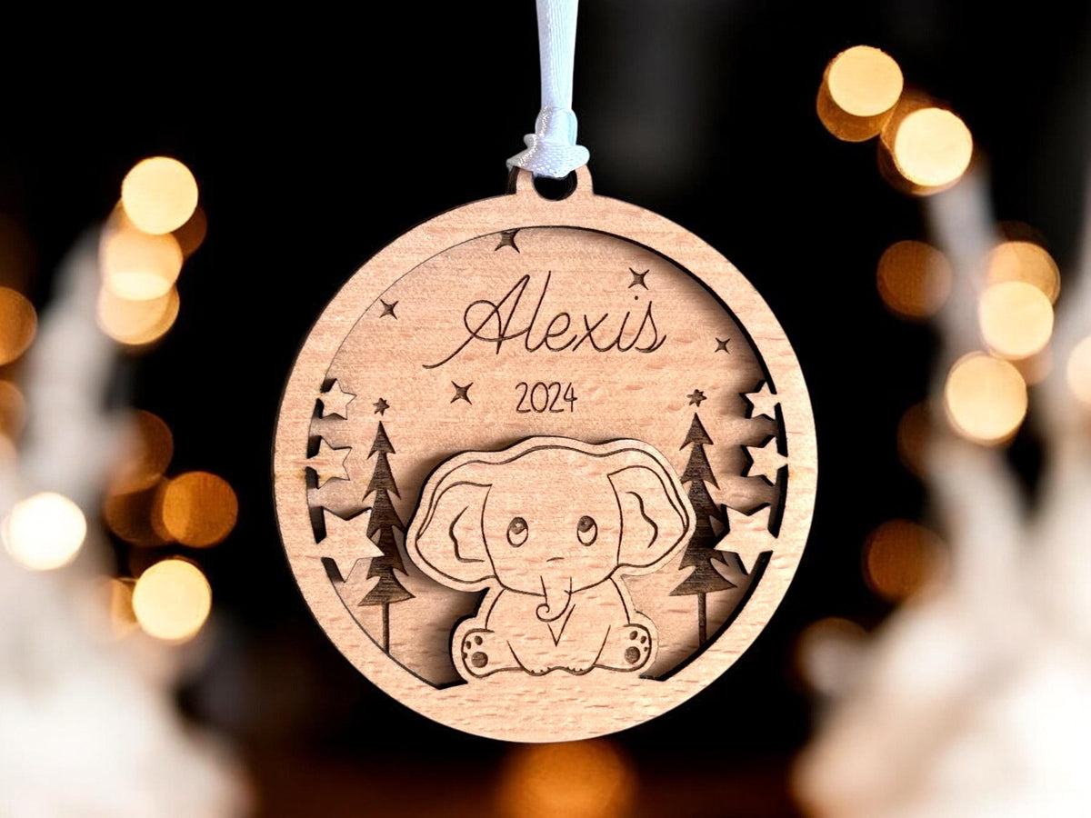Boule de Noël en bois Personnalisée éléphant, Ornement personnalisé bois éléphant, Mon premier Noël, Cadeau naissance
