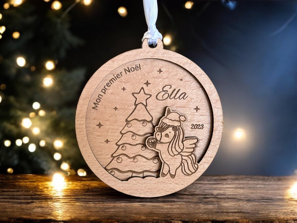 Boule de Noël Licorne Personnalisée, Premier noël bébé, Ornement enfant personnalisé, Décoration de Noël, Cadeau naissance, Cadeau licorne
