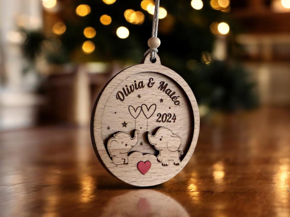 Boule de Noël éléphant Personnalisée, Premier noël jumeaux, Ornement personnalisé famille, Ornement personnalisé bébé, Boule de noël enfants