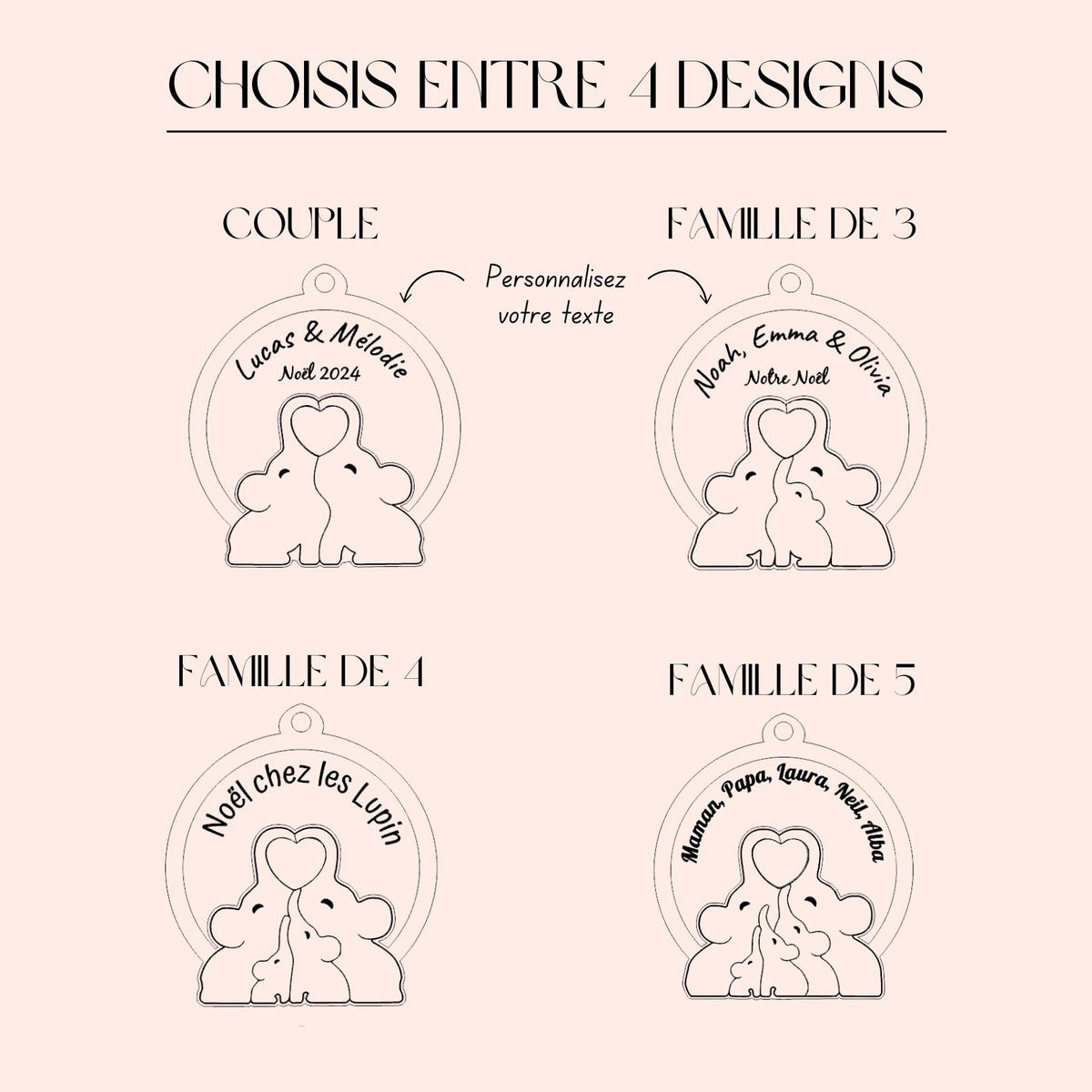 Boule de Noël personnalisée famille éléphant, Boule de Noël en bois pour famille personnalisée 2025. 3 boules achetées = 1 offerte