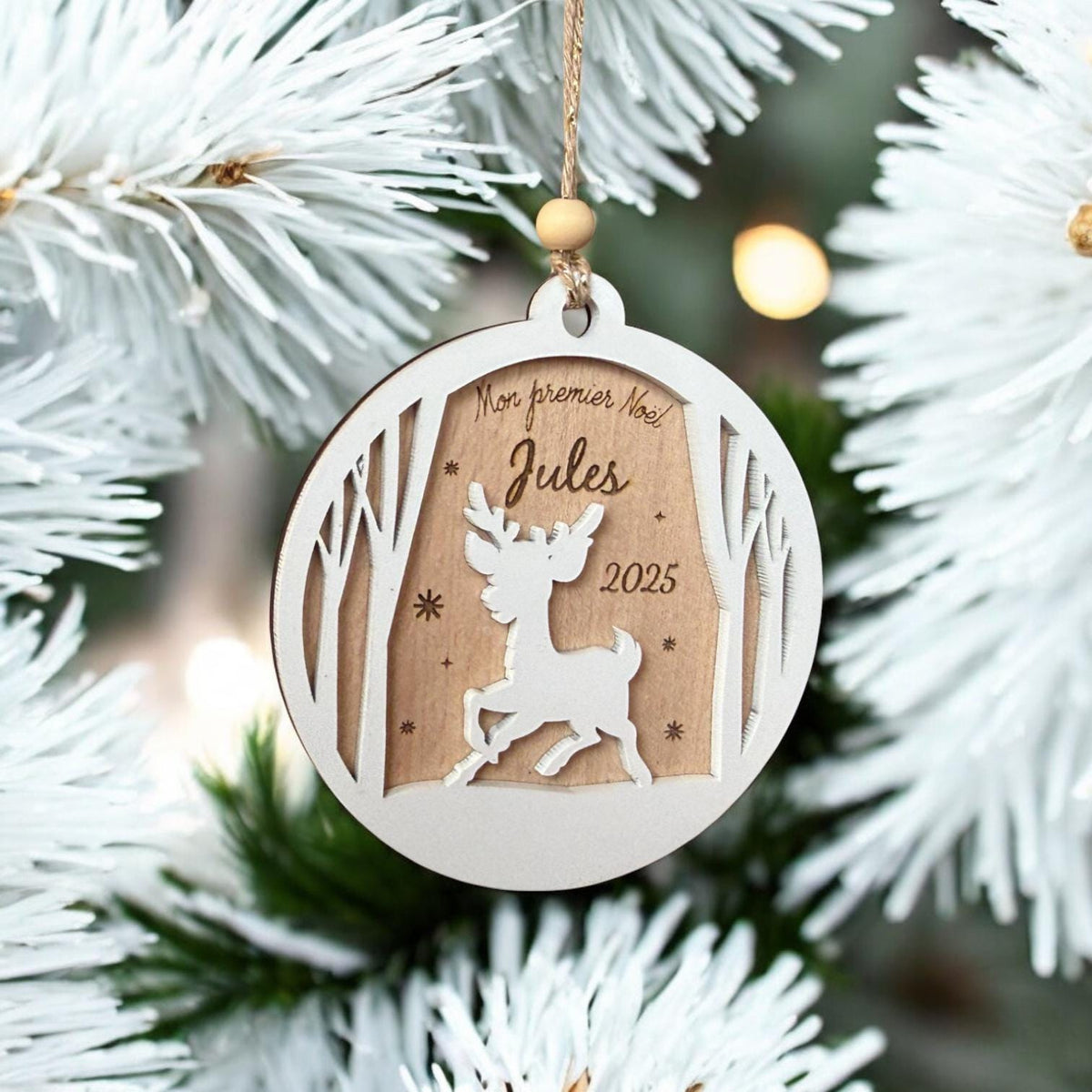 Boule de Noël Bébé Cerf Personnalisée, Mon premier noël, Ornement blanc bébé, Cadeau naissance, Maman, Boule de noël enfant, 1er noël
