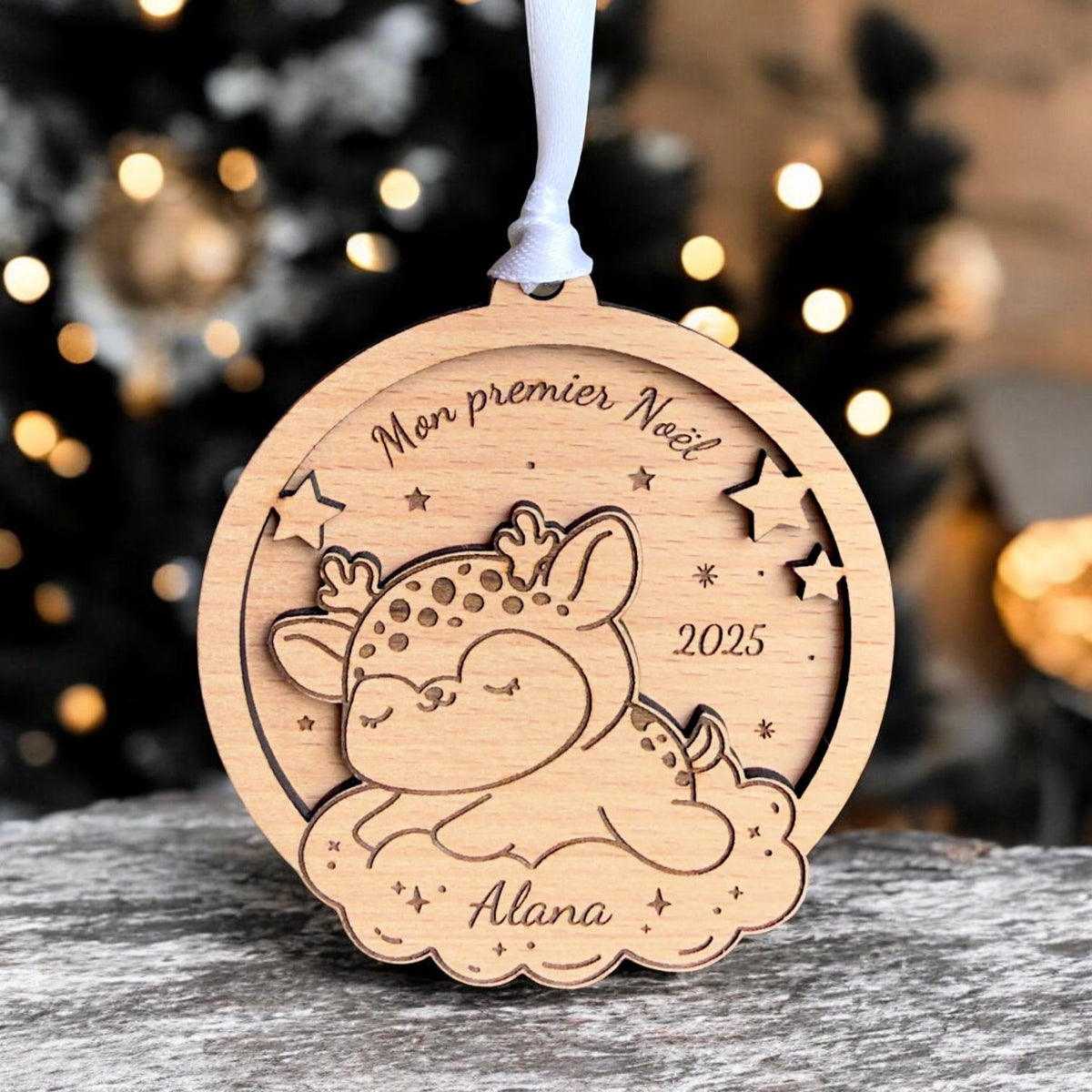 Boule de Noël Personnalisée Faon, Cadeau Premier noël, Ornement personnalisé en bois enfant, Boule de noël personnalisée cerf, cadeau maman