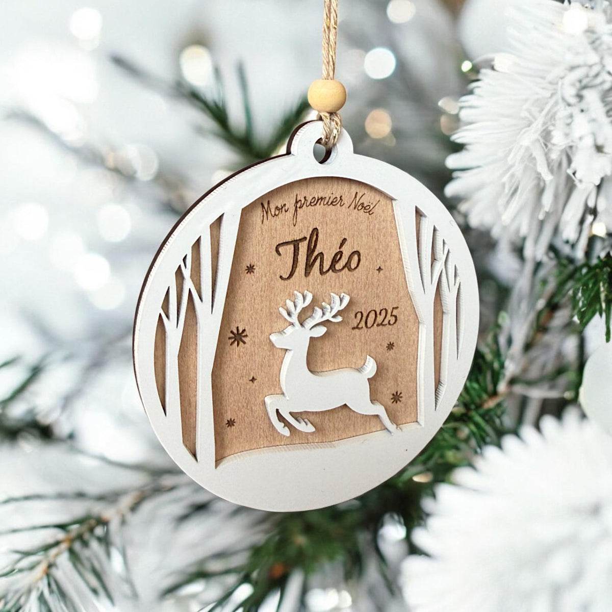 Boule de Noël personalisée bois - Cerf - Mon premier Noël - Ornement blanc bois - Cadeau naissance - Cadeau nouvelles mamans
