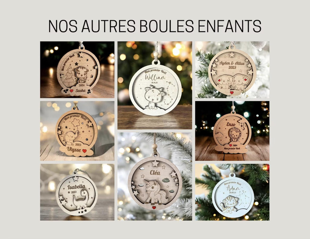 Boule de Noël cerf personnalisée bois - premier noël bébé, Ornement personnalisé, Décoration de Noël enfant, Cadeau 1er noël, cadeau maman
