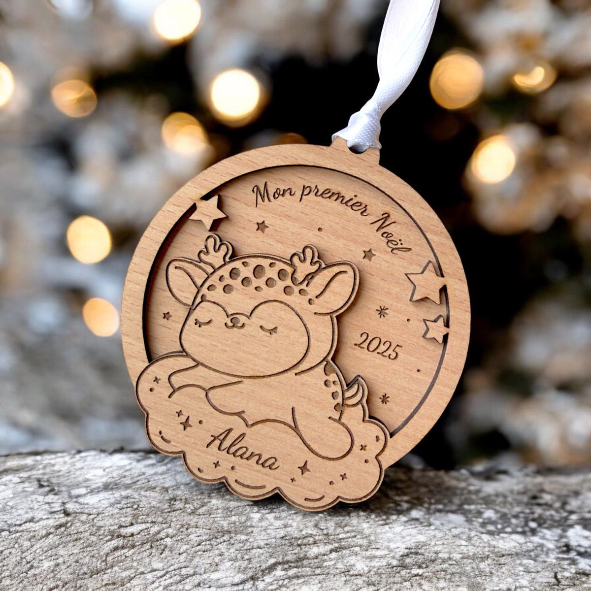 Boule de Noël Personnalisée Faon, Cadeau Premier noël, Ornement personnalisé en bois enfant, Boule de noël personnalisée cerf, cadeau maman