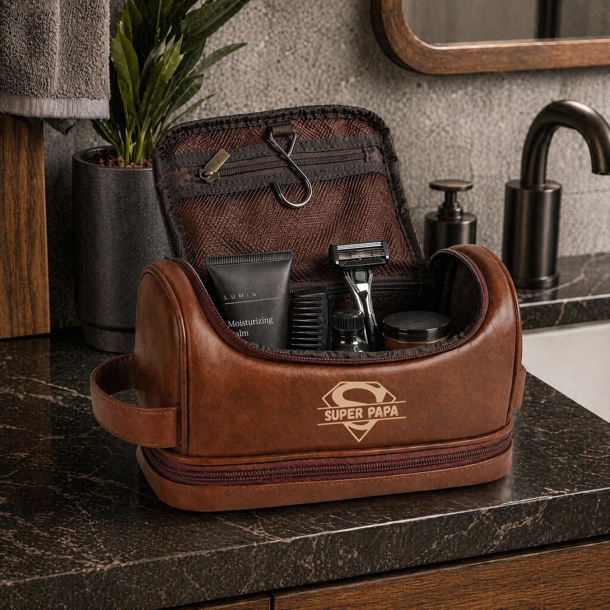 Trousse de toilette personnalisée cuir pour homme - Trousse de voyage personnalisée - Cadeau pour homme - Fête des pères, pour lui