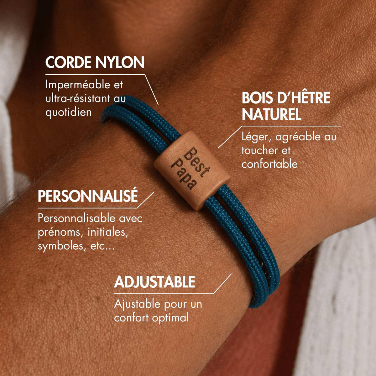 Bracelet corde personnalisé gravure laser – Cadeau fête des pères papa, bois naturel, prénom initiales