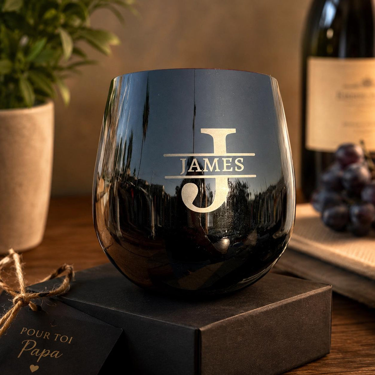 Cadeau fête des pères - Verre acier inoxydable gravé personnalisé – Prénom date message, noir brillant, doré, argenté