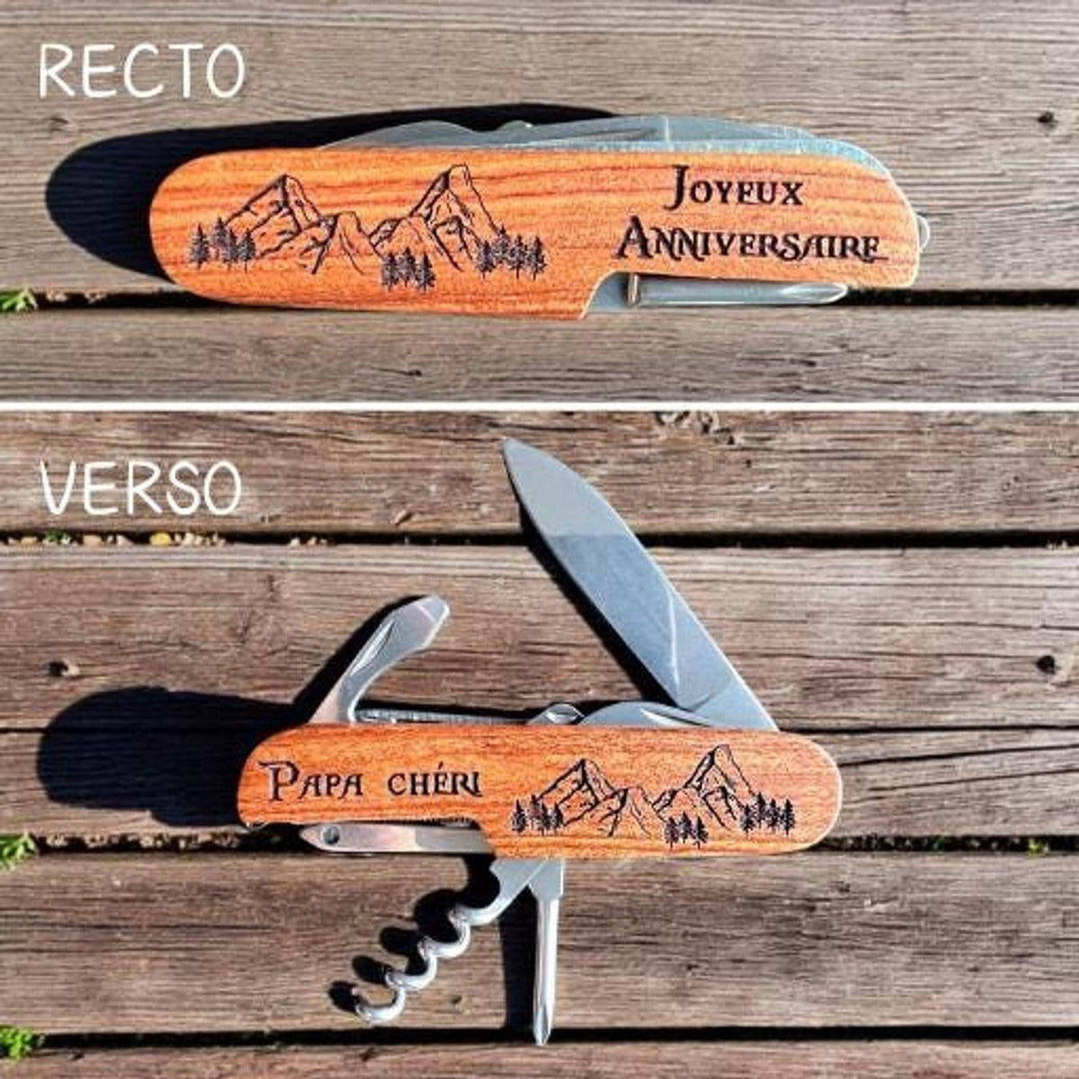 Couteau multifonction en bois personnalisé – Gravure prénom, cadeau homme, papa ou randonneur