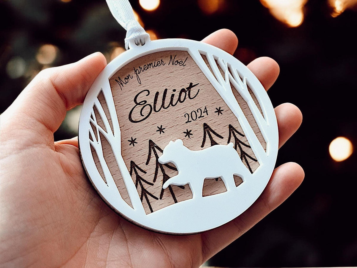 Premier Noël Bébé, Boule de Noël Personnalisée en Bois avec Animaux