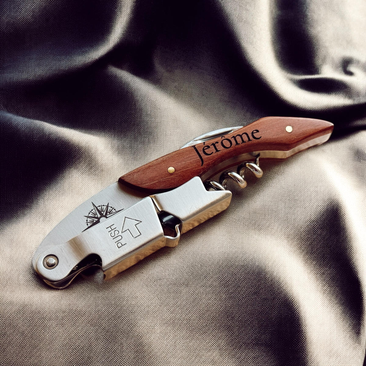 Personalized Engraved Corkscrew with Custom Design on wood and metal
