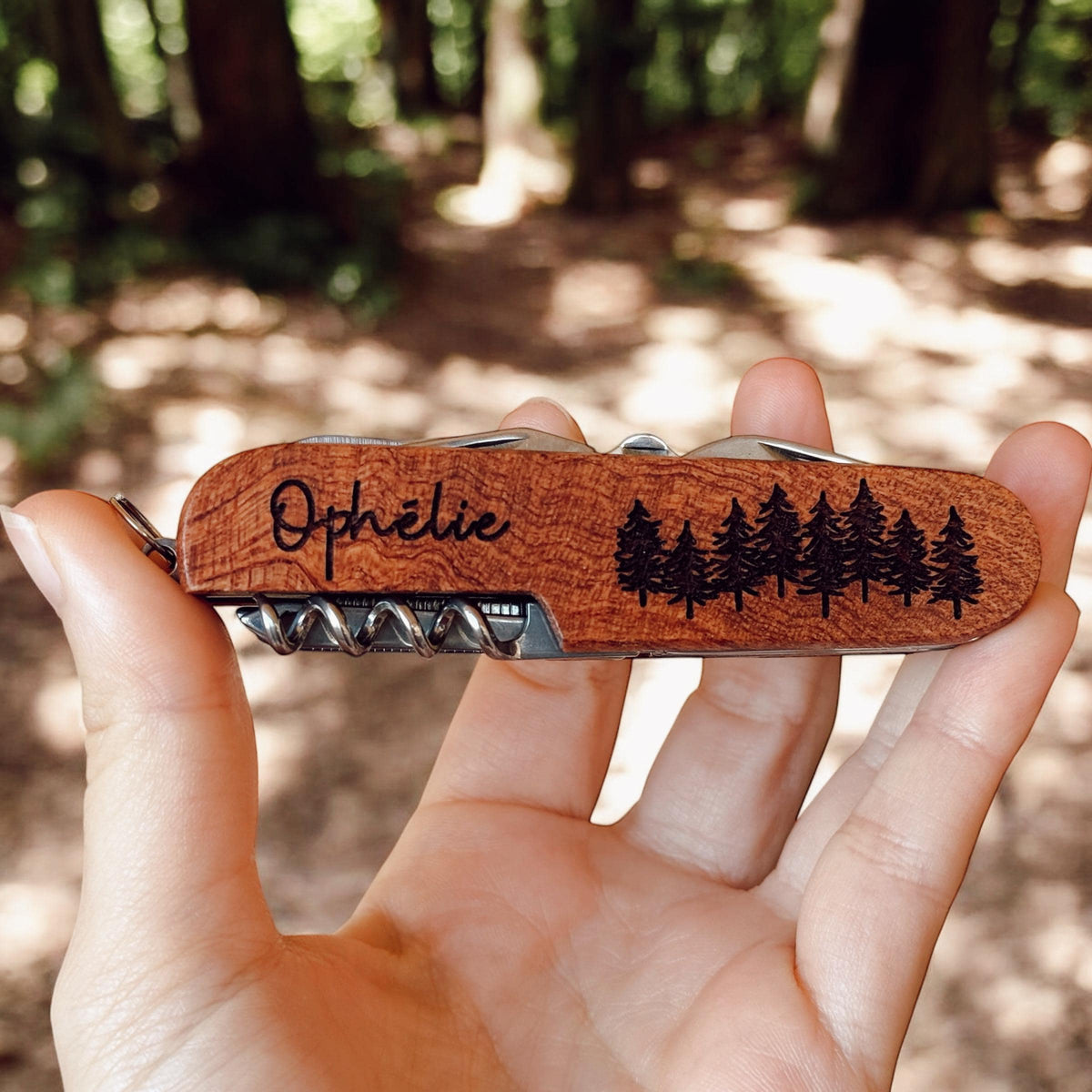Couteau multifonction en bois personnalisé – Gravure prénom, cadeau homme, papa ou randonneur