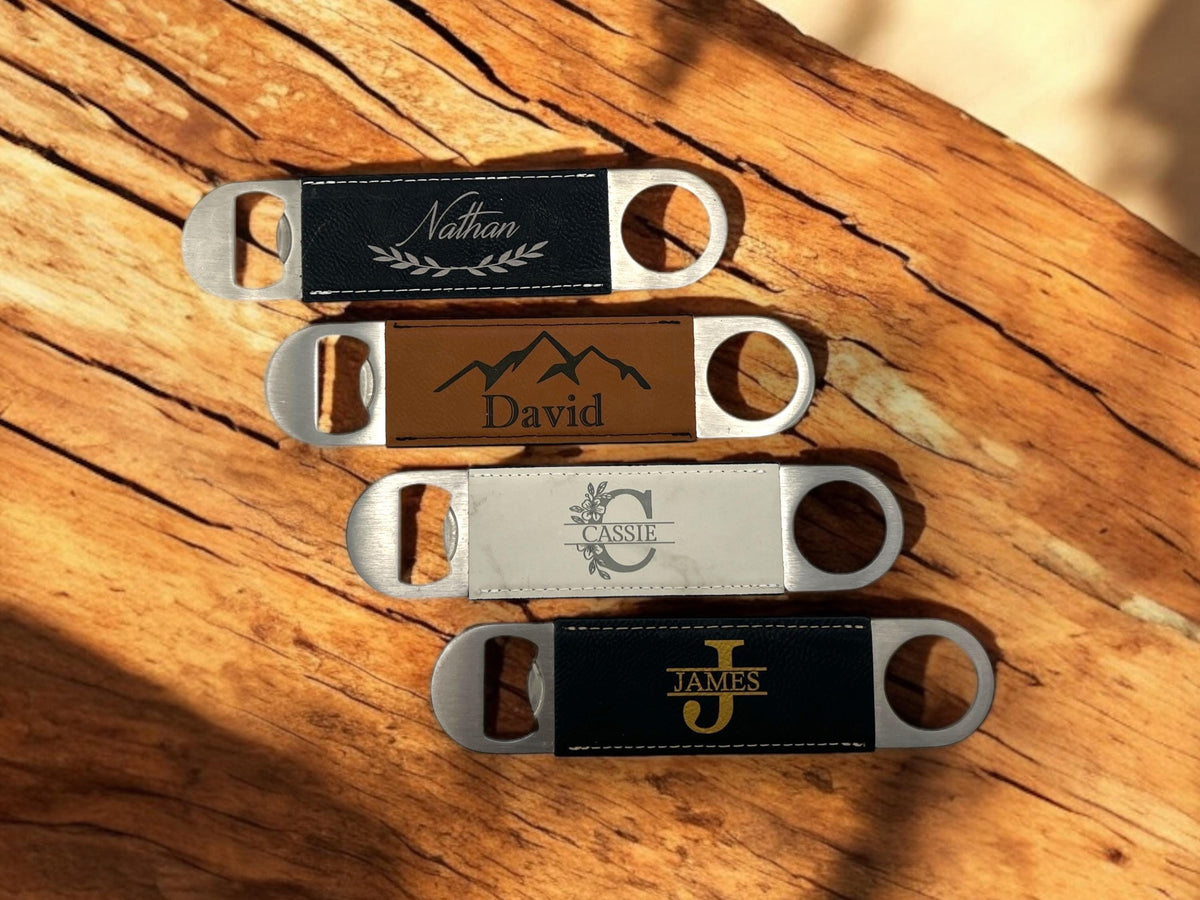 Personalized Gift Bottle Opener with Engraved Leather Handle, Barware