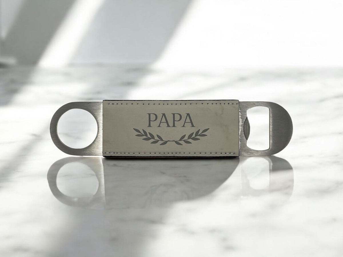 Personalized Gift Bottle Opener with Engraved Leather Handle, Barware