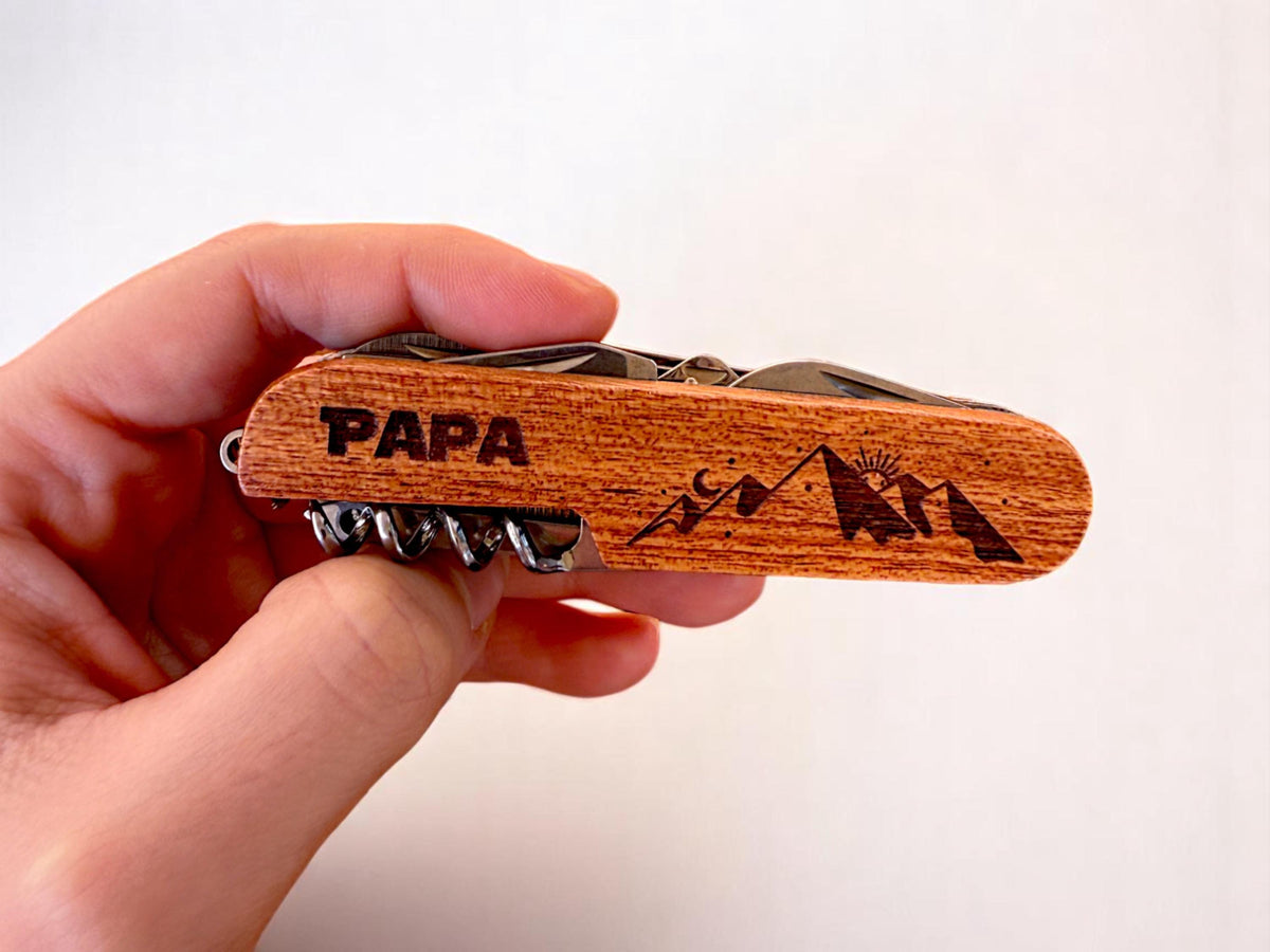 Couteau Personnalisé multifonction, manche bois gravé, cadeau anniversaire, fête des pères, compagnon voyage