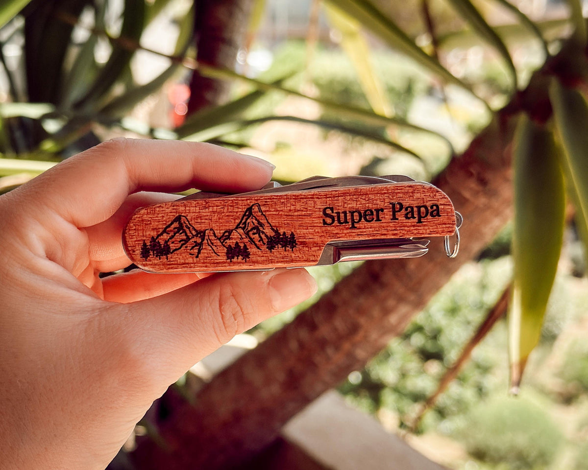 Personalized Pocket Knife Engraved Wooden Multi-Tool Swiss Army Style, Compact Design