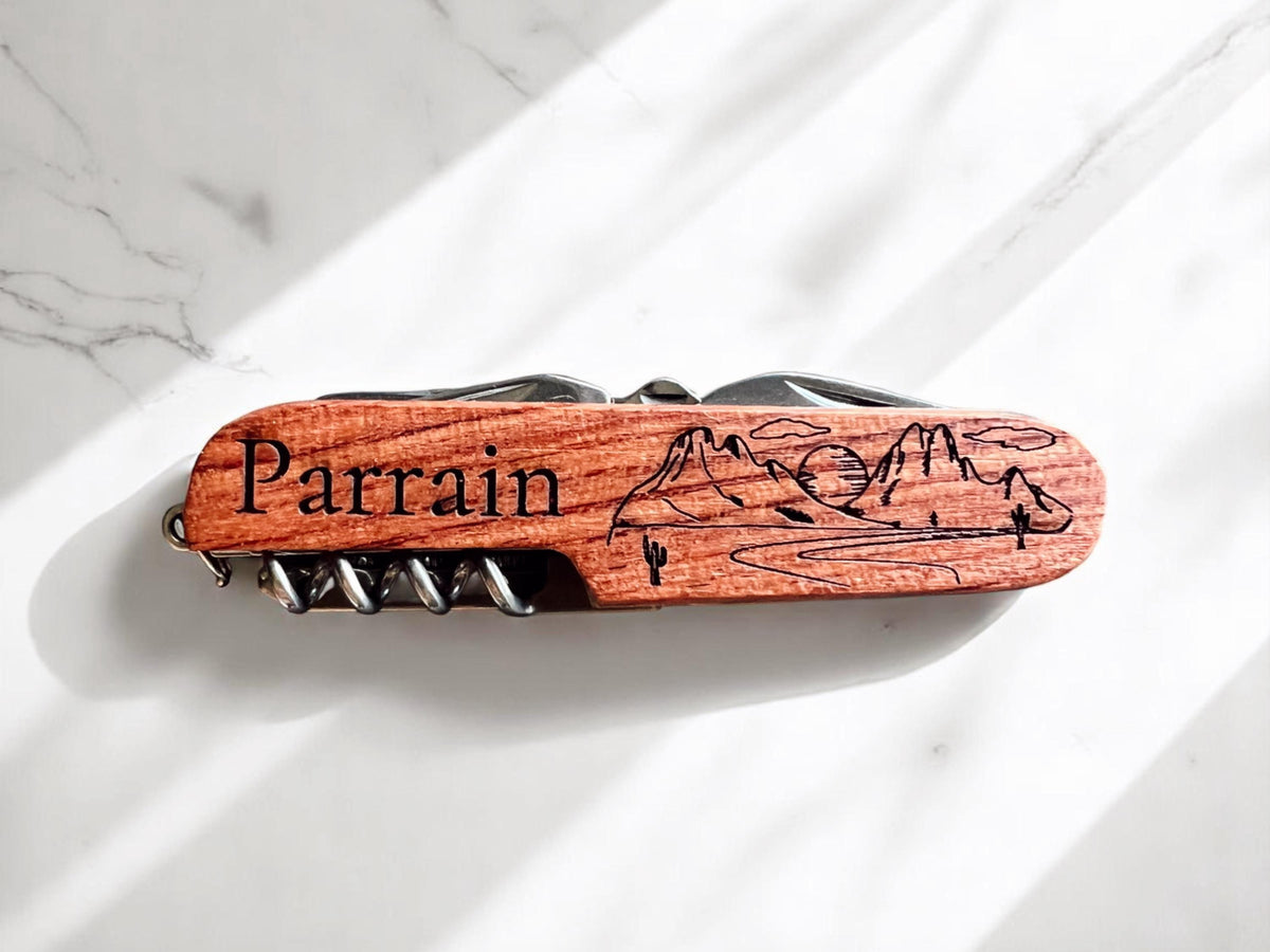 Personalized Pocket Knife Engraved Wooden Multi-Tool Swiss Army Style, Compact Design