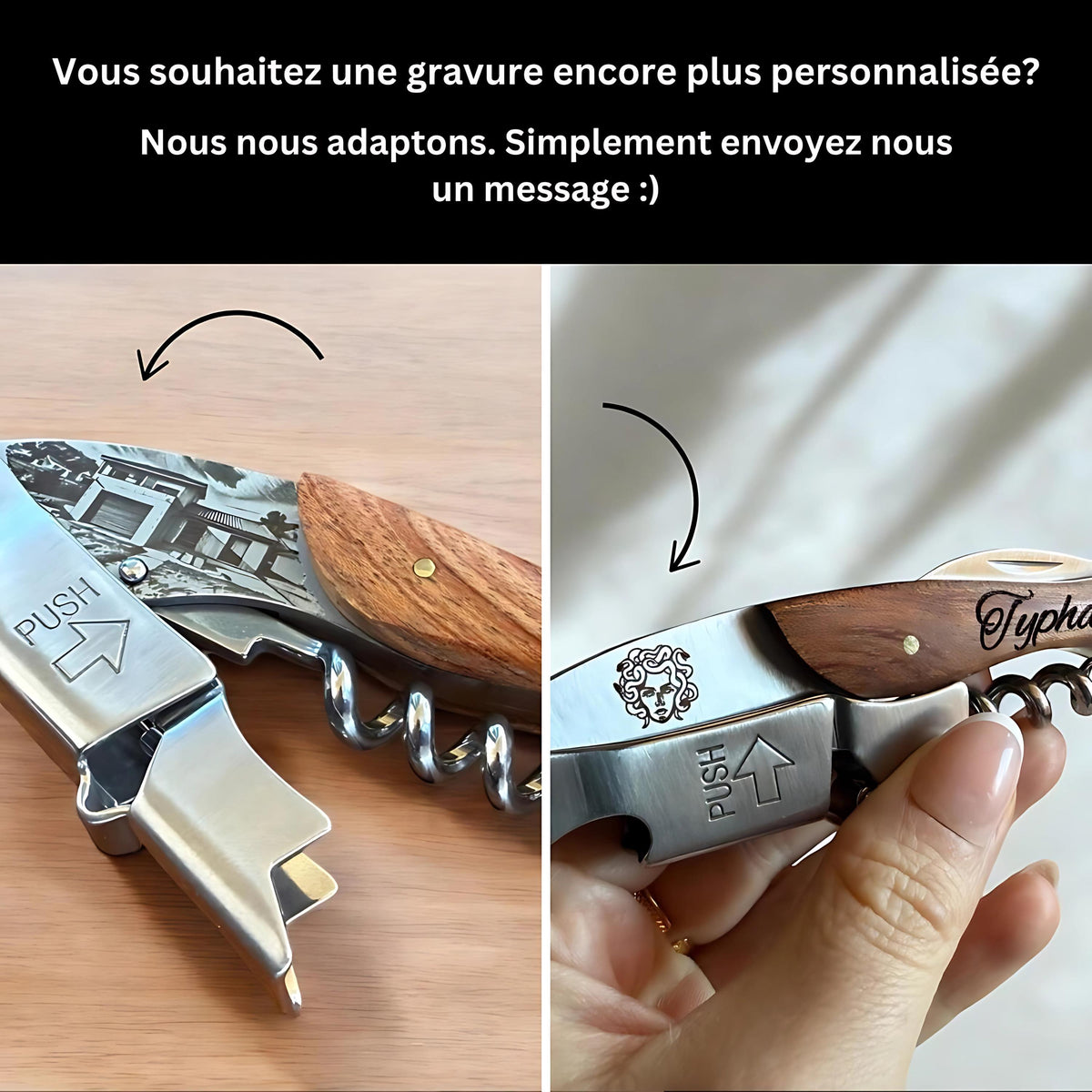 Tire bouchon Personnalisé en Bois gravé, Sommelier, Limonadier, Cadeau Vin Homme Noël