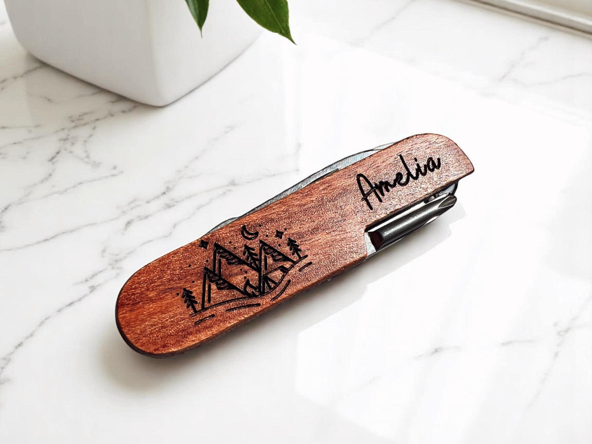 Personalized Pocket Knife Engraved Wooden Multi-Tool Swiss Army Style, Compact Design
