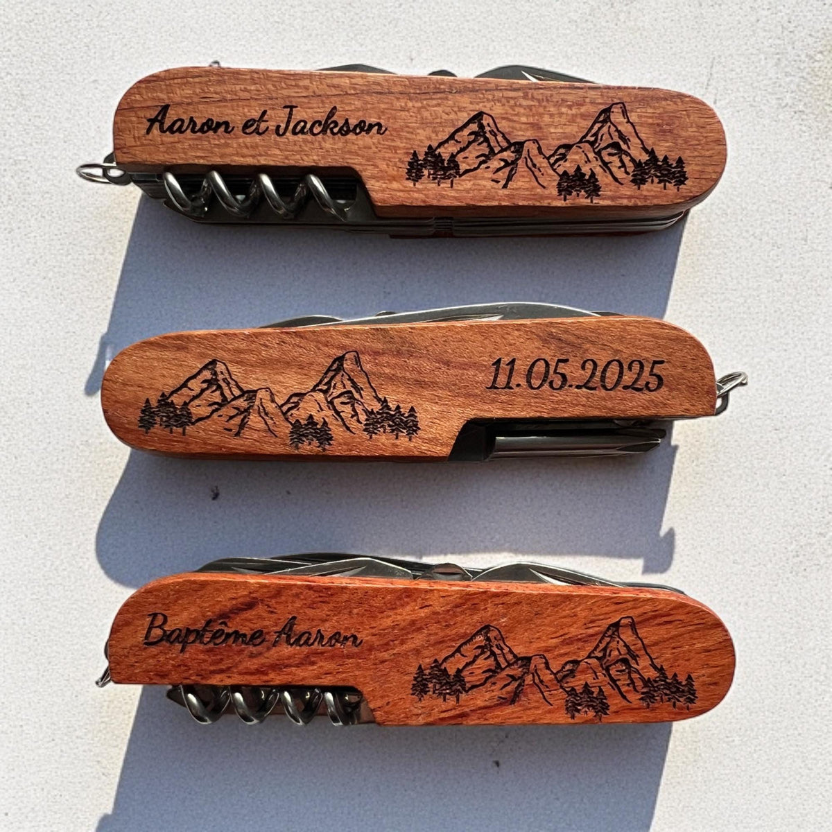 Personalized Pocket Knife Engraved Wooden Multi-Tool Swiss Army Style, Compact Design