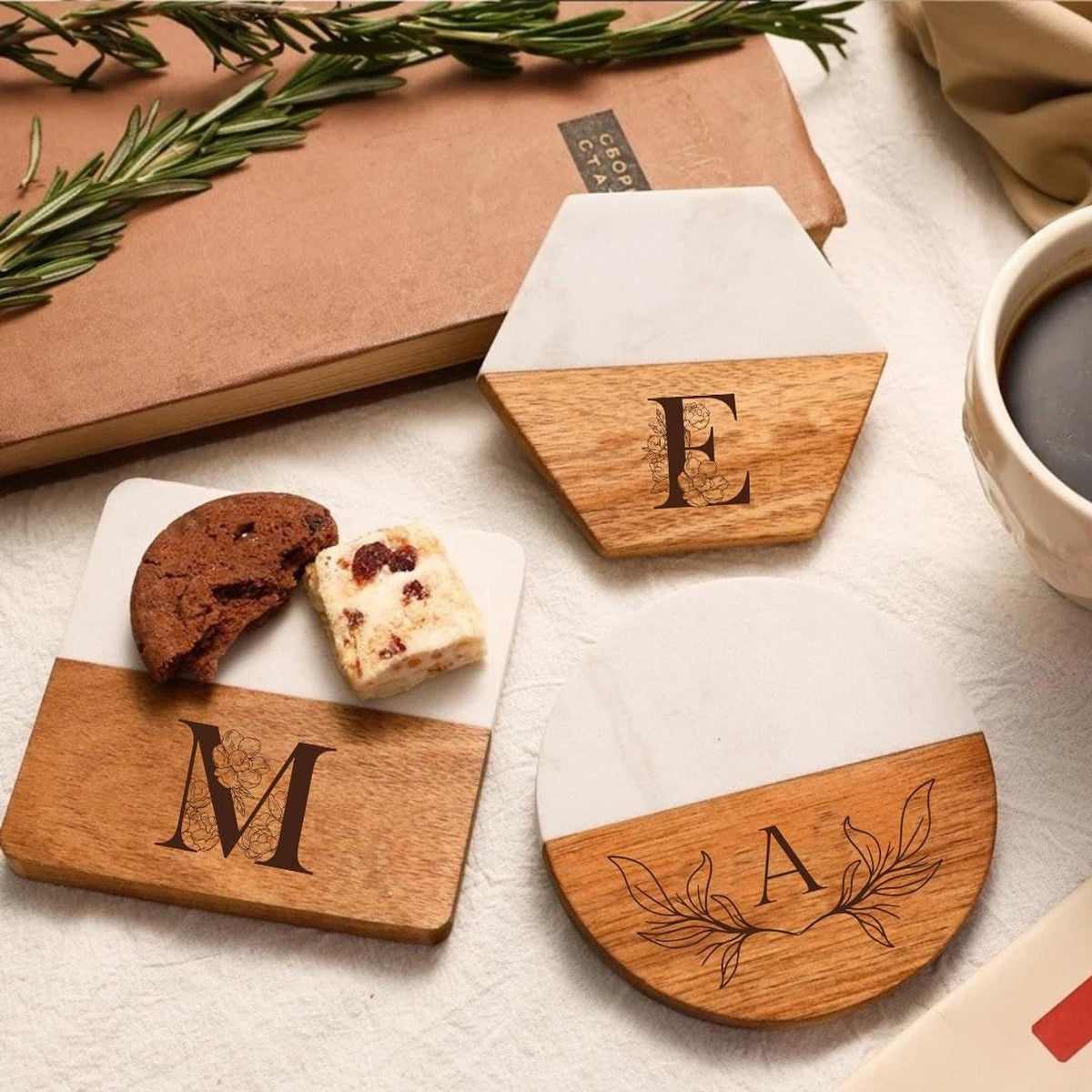 Sous Verres Marbre, Personalized Acacia Wood Coasters, 10cm