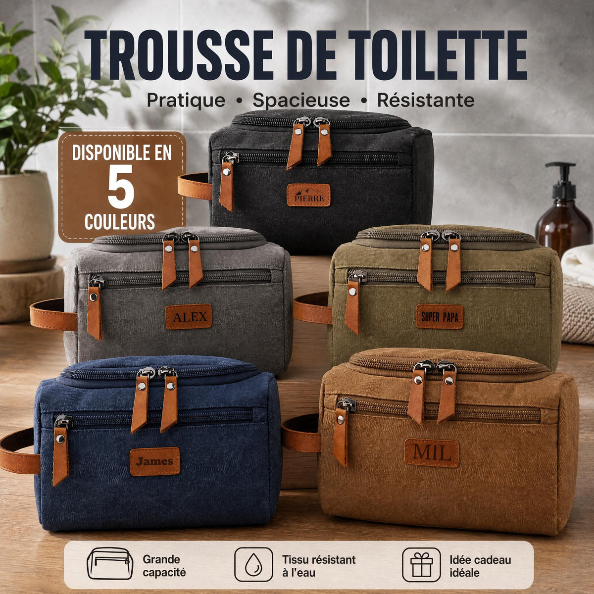 Trousse de toilette homme personnalisée, toile et cuir, double compartiment, gravure prénom