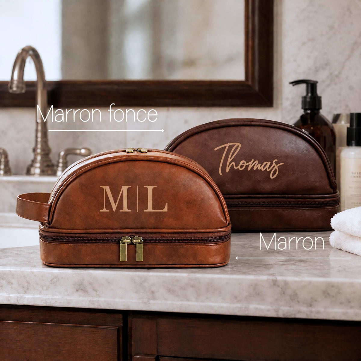 Trousse toilette cuir homme personnalisée gravure laser – Cadeau fête des pères papa, prénom initiales