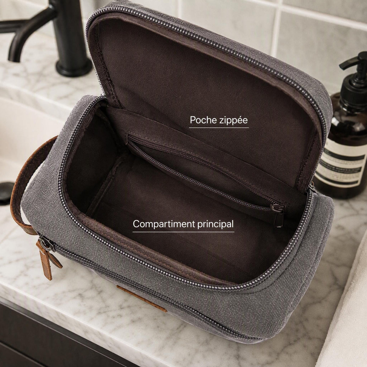 Trousse de toilette homme personnalisée, toile et cuir, double compartiment, gravure prénom