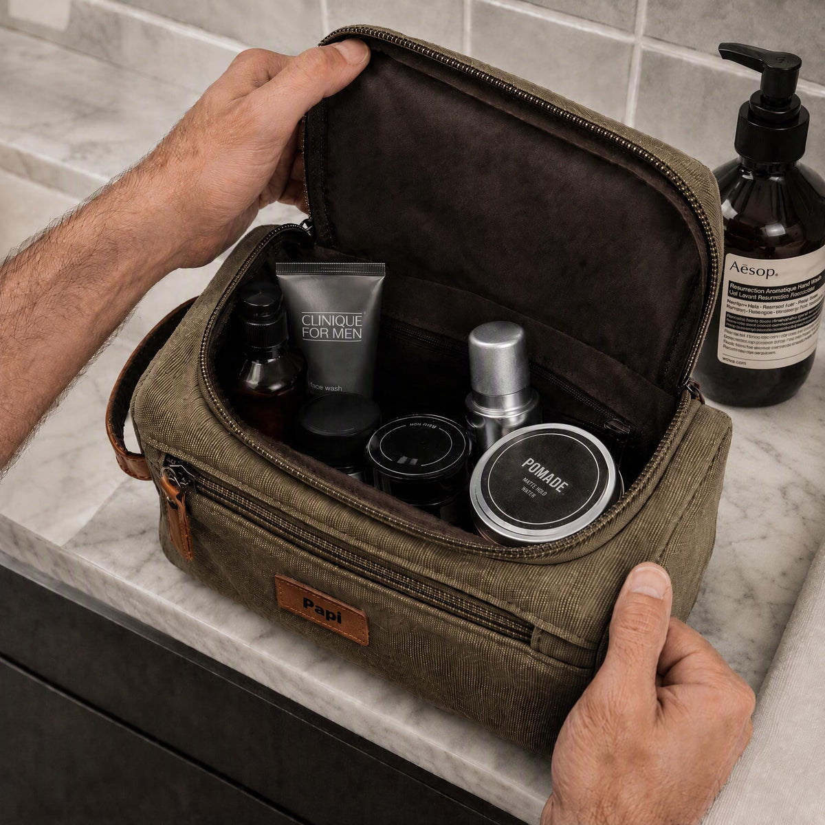 Trousse de toilette homme personnalisée, toile et cuir, double compartiment, gravure prénom
