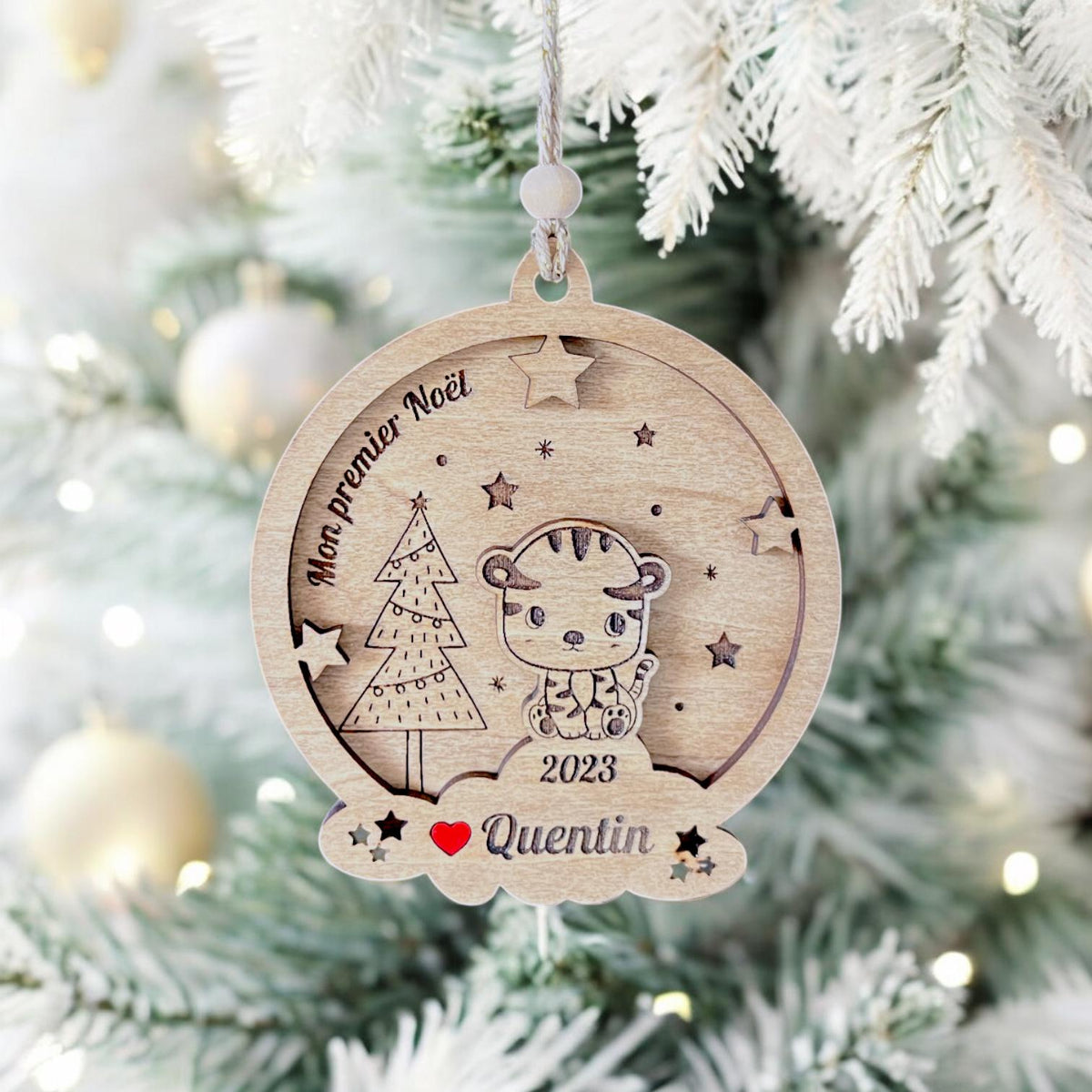Boule de Noël tigre Personnalisée, Premier noël, Mon 1er Noël, Ornement en bois Personnalisé