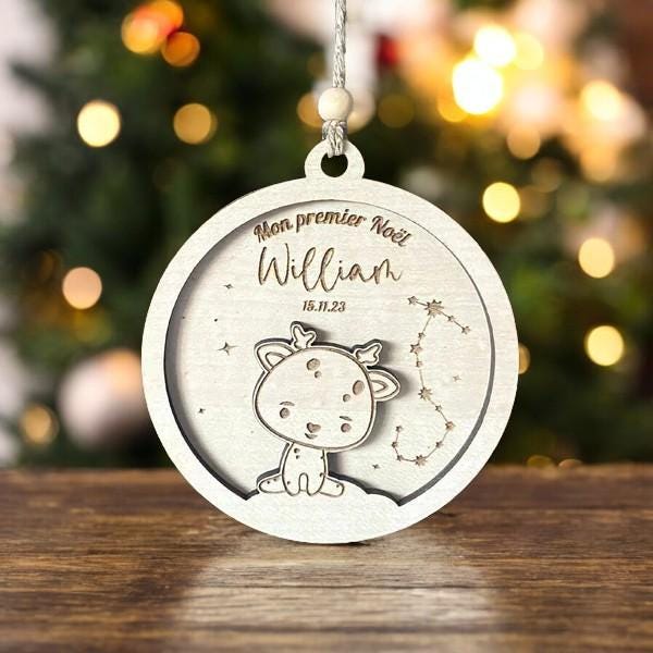 Boule de Noël cerf personnalisée, 1er noël bébé, Ornement personnalisé, Boule de Noël  Lion, Koala, Eléphant, tigre, mon premier Noël