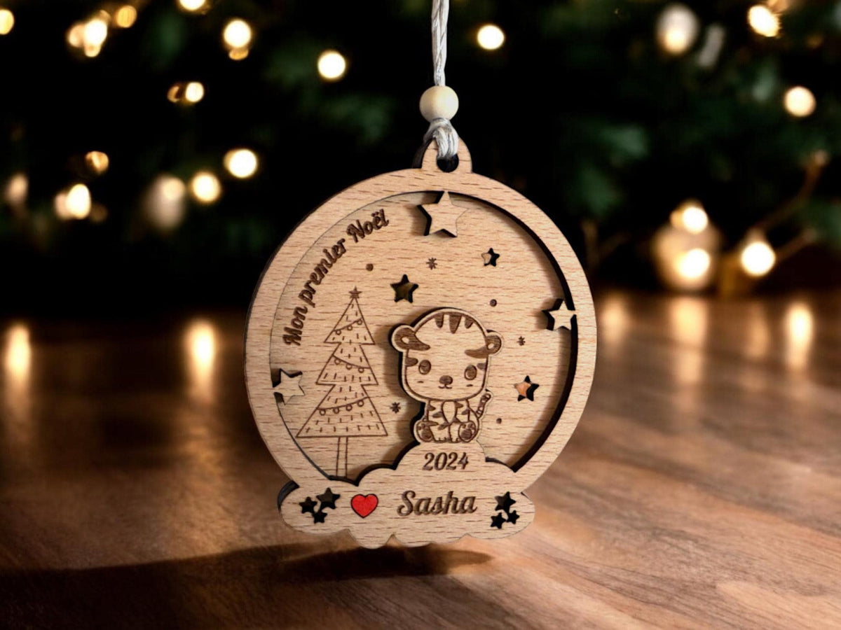 Boule de Noël tigre Personnalisée, Premier noël, Mon 1er Noël, Ornement en bois Personnalisé