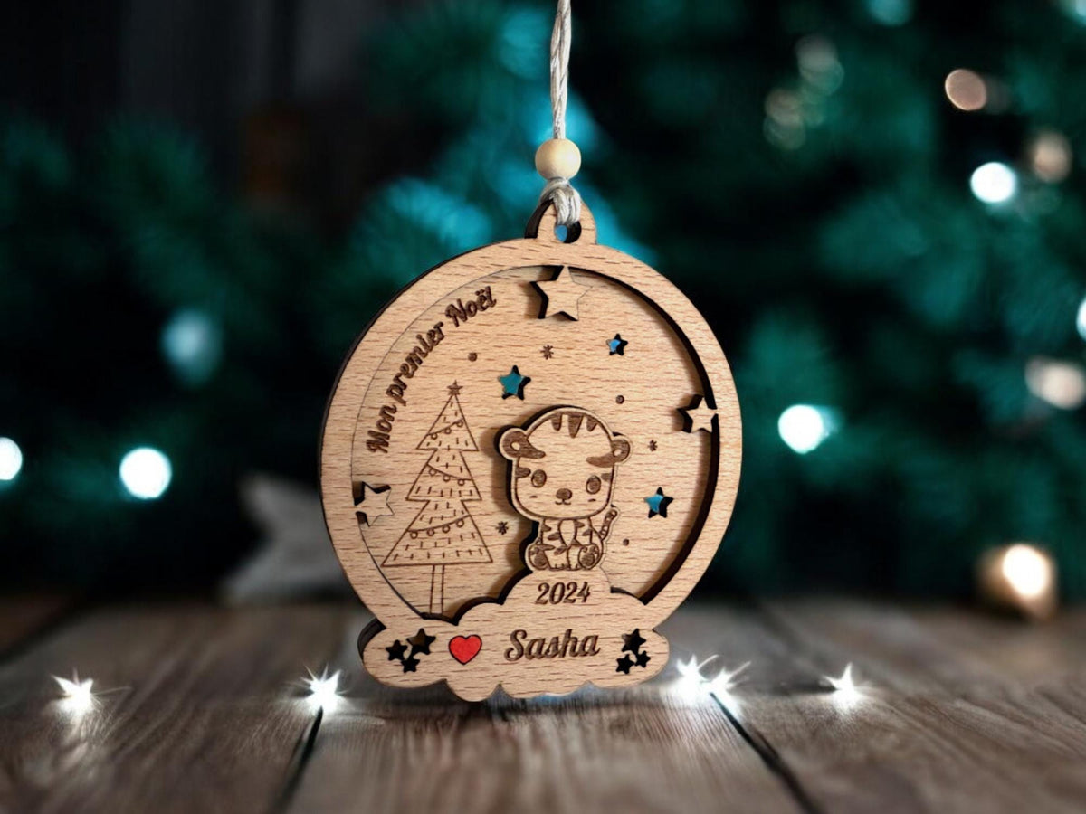Boule de Noël tigre Personnalisée, Premier noël, Mon 1er Noël, Ornement en bois Personnalisé