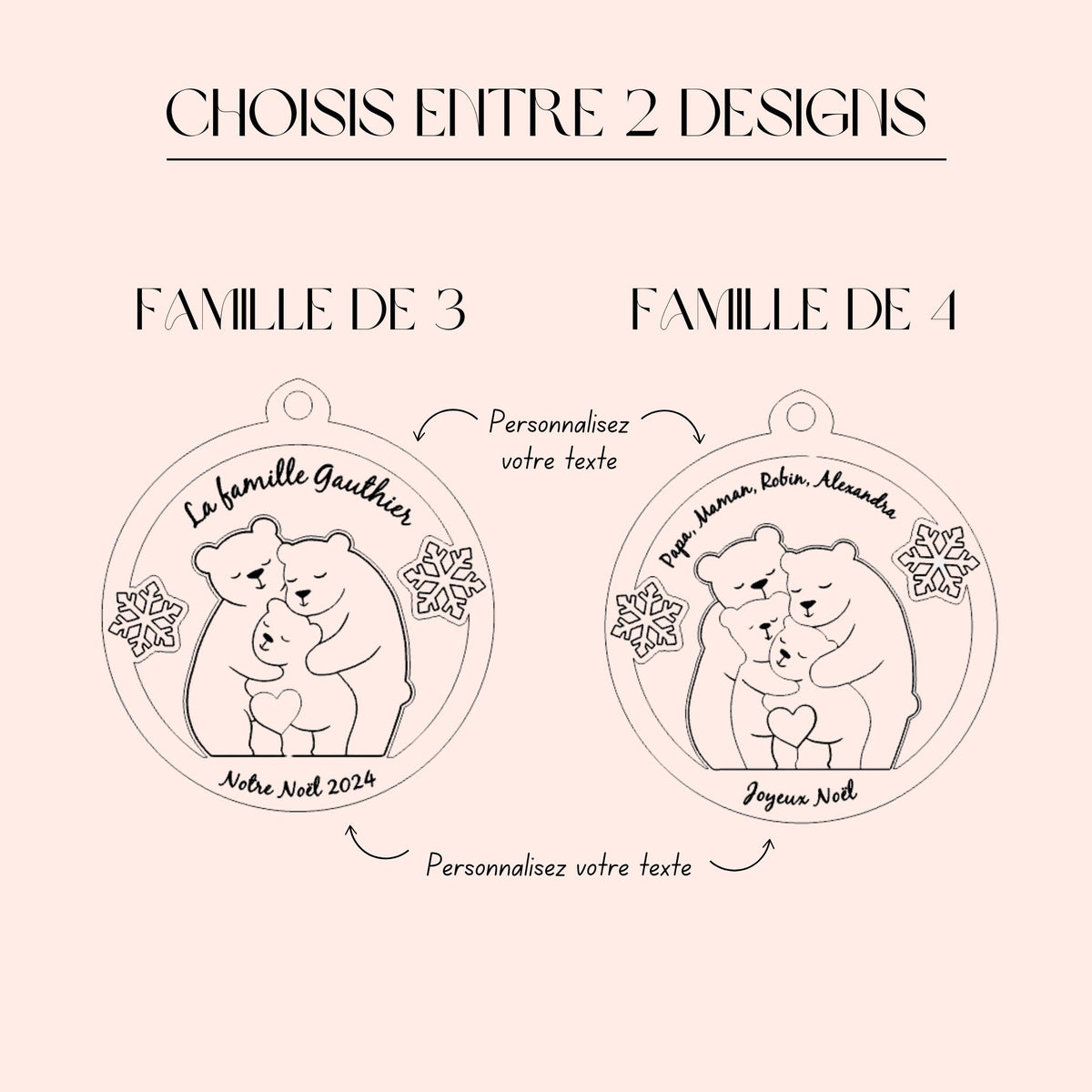 Boule de Noël personnalisée en bois - Famille ours - Notre Noël en famille - Ornement en bois avec prénoms