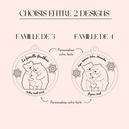 Boule de Noël personnalisée en bois - Famille ours - Notre Noël en famille - Ornement en bois avec prénoms