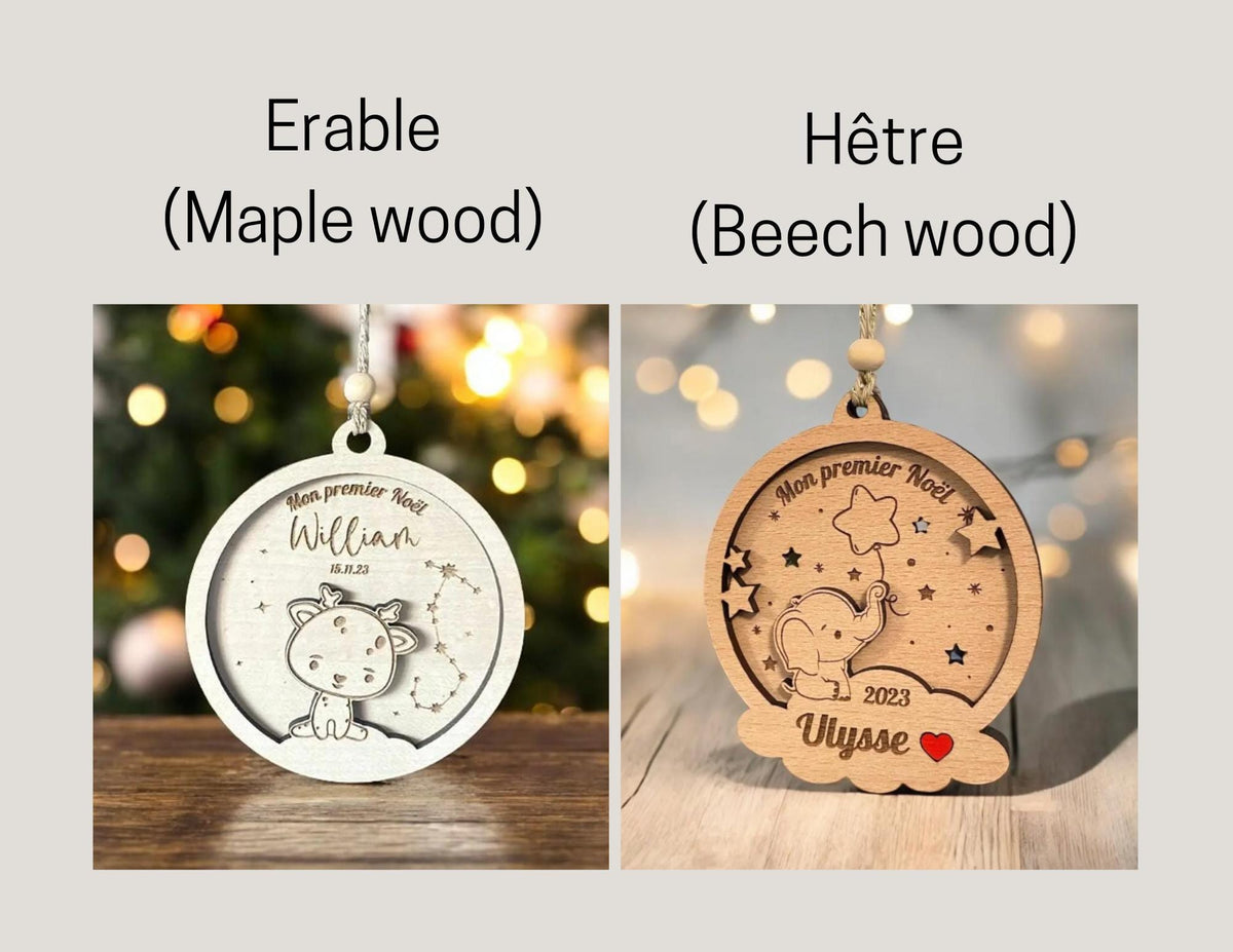 Boule de Noël en bois Personnalisée éléphant, Ornement personnalisé bois éléphant, Mon premier Noël, Cadeau naissance