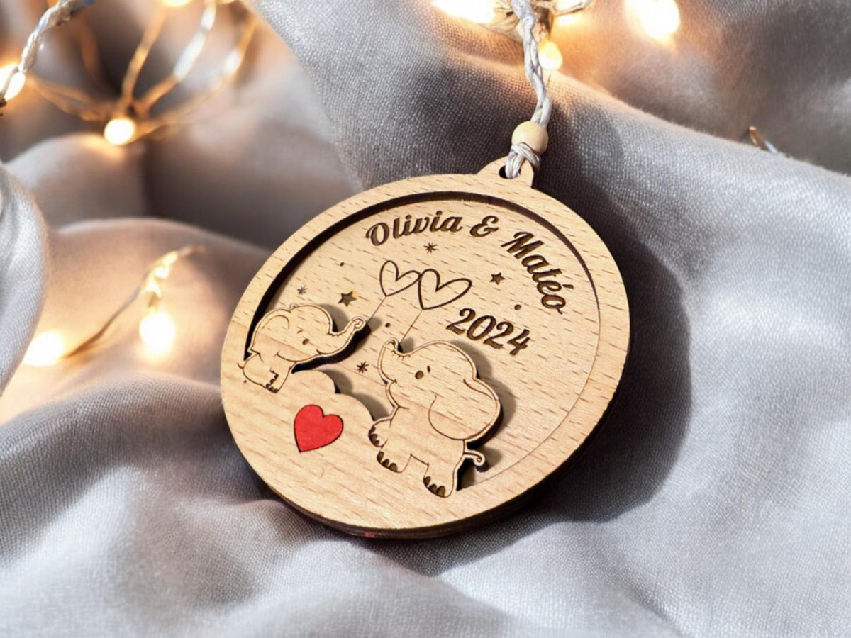 Boule de Noël éléphant Personnalisée, Premier noël jumeaux, Ornement personnalisé famille, Ornement personnalisé bébé, Boule de noël enfants
