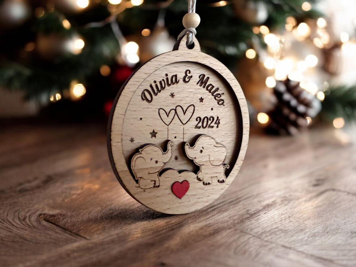 Boule de Noël éléphant Personnalisée, Premier noël jumeaux, Ornement personnalisé famille, Ornement personnalisé bébé, Boule de noël enfants