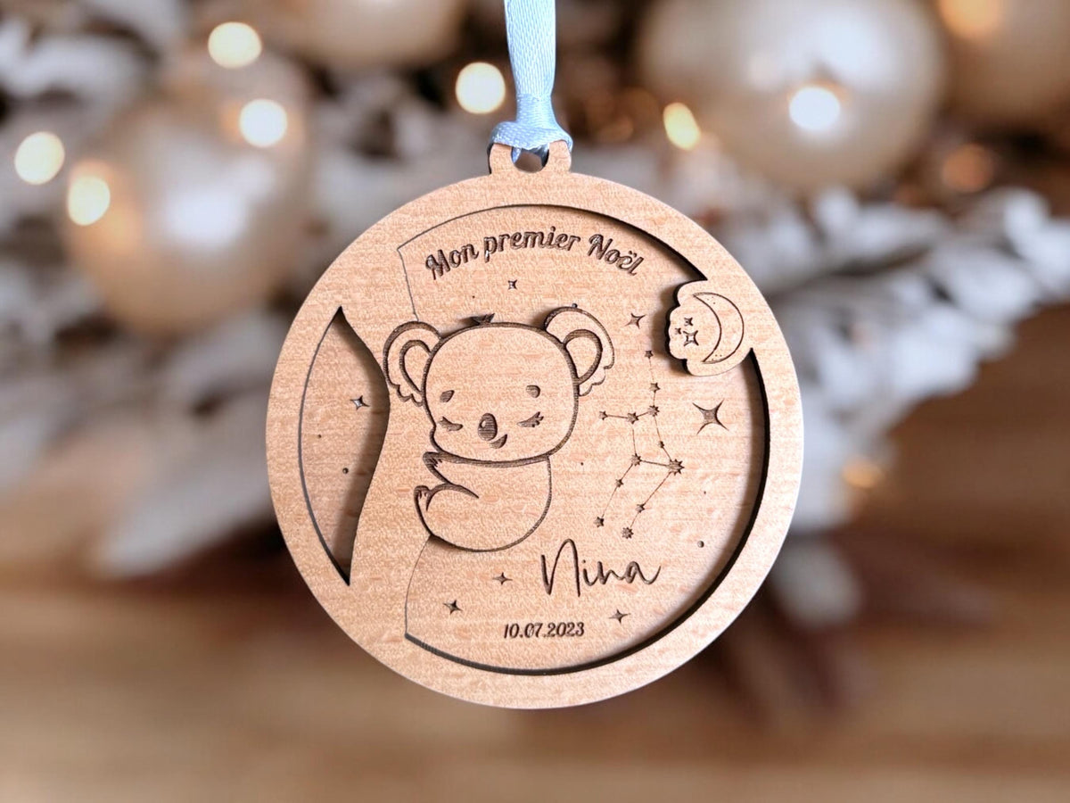 Boule de Noël koala personnalisée, premier noël bébé, cadeau bébé, Boule de Noël  Lion, Eléphant, tigre, décoration sapin pour bébé