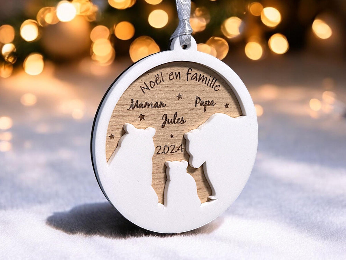 Boule de Noël personalisée bois - Famille ours - Noël en famille - Ornement blanc - Décoration de Noël personnalisé blanc