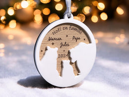 Boule de Noël personalisée bois - Famille ours - Noël en famille - Ornement blanc - Décoration de Noël personnalisé blanc