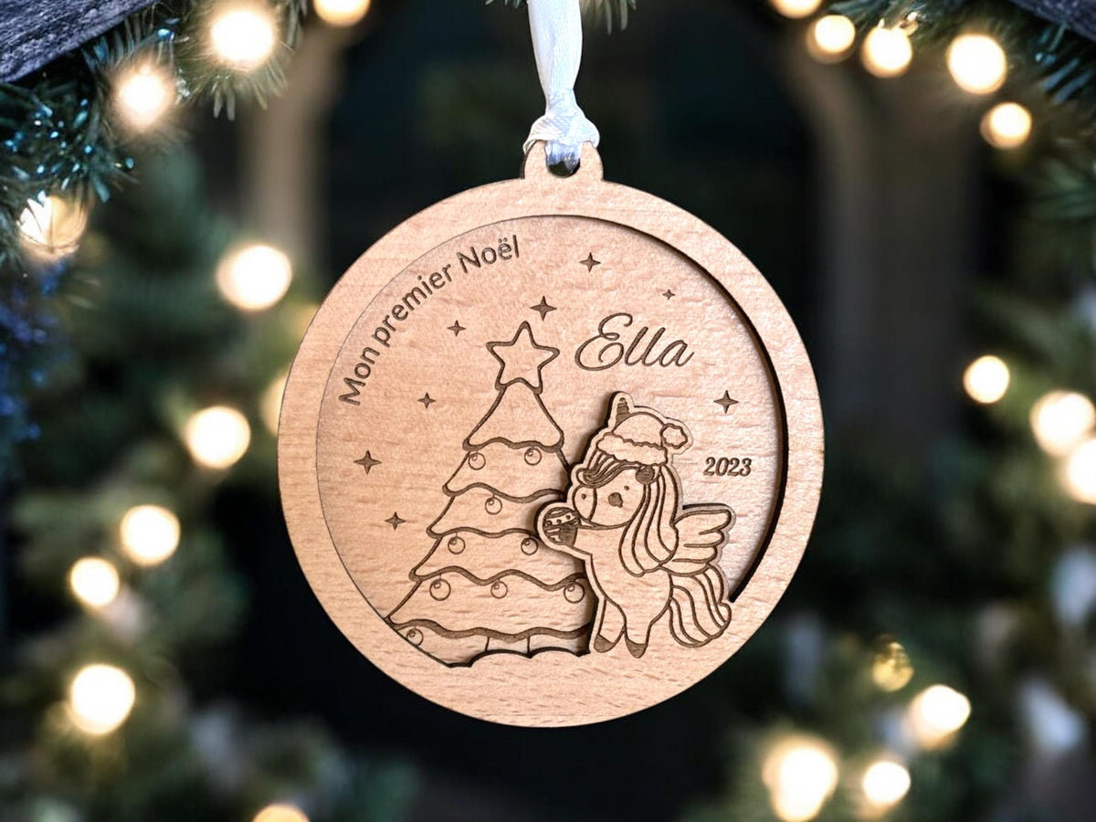 Boule de Noël Licorne Personnalisée, Premier noël bébé, Ornement enfant personnalisé, Décoration de Noël, Cadeau naissance, Cadeau licorne