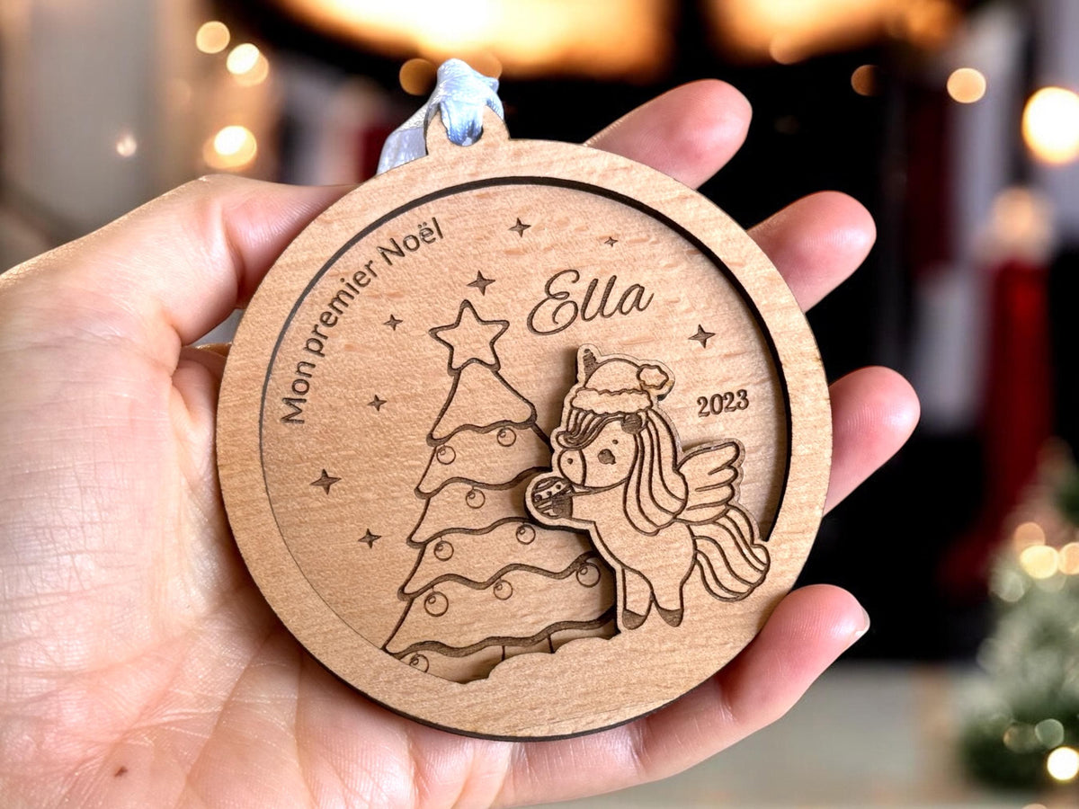 Boule de Noël Licorne Personnalisée, Premier noël bébé, Ornement enfant personnalisé, Décoration de Noël, Cadeau naissance, Cadeau licorne