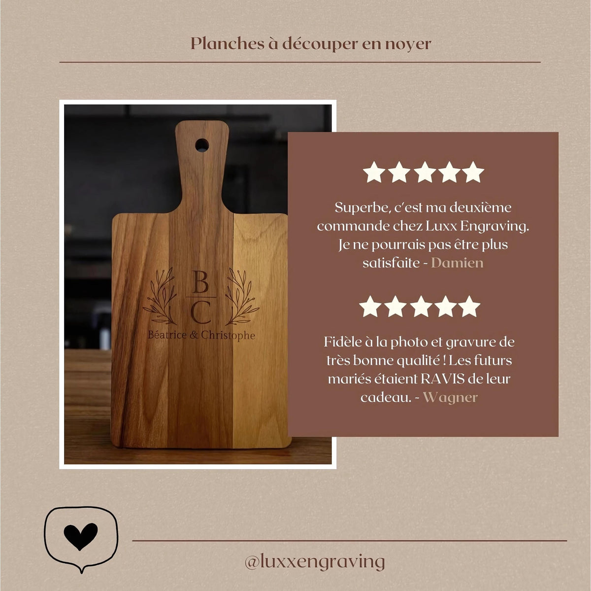 Planche à découper en marbre et bois personnalisée – Cadeau pour mariage, maman, mamie, couple & crémaillère, planche de présentation