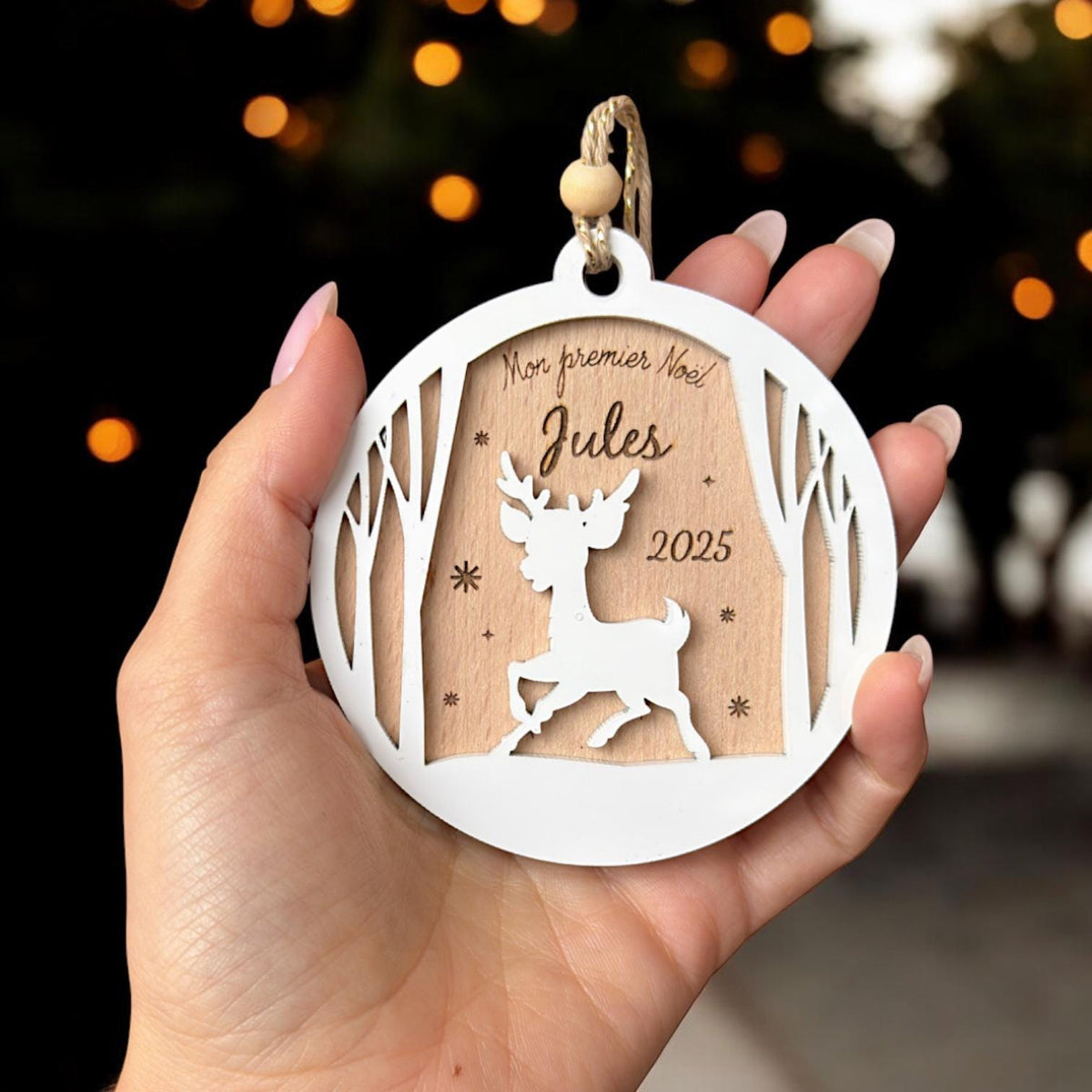 Boule de Noël Bébé Cerf Personnalisée, Mon premier noël, Ornement blanc bébé, Cadeau naissance, Maman, Boule de noël enfant, 1er noël